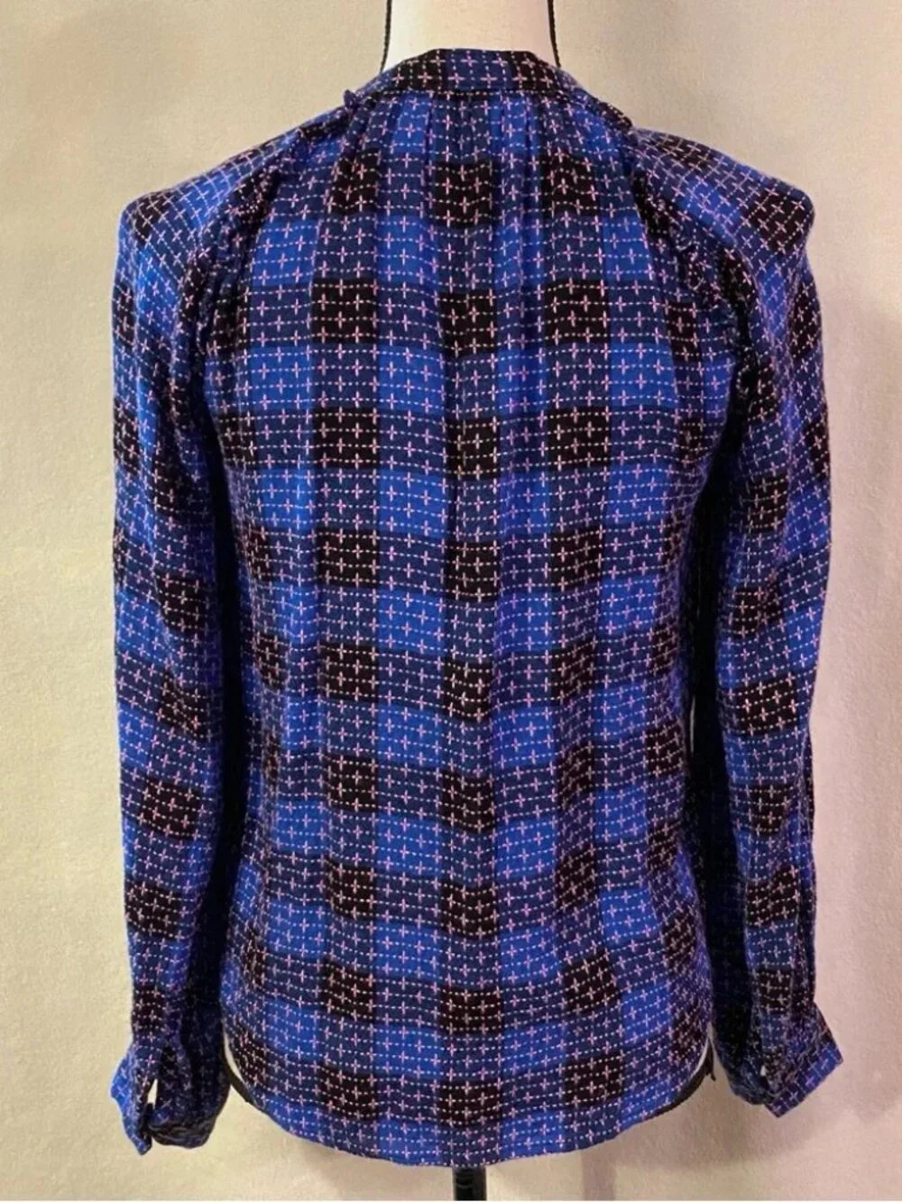 Pilcro Anthropologie blue pink black plaid ruffle button down shirt